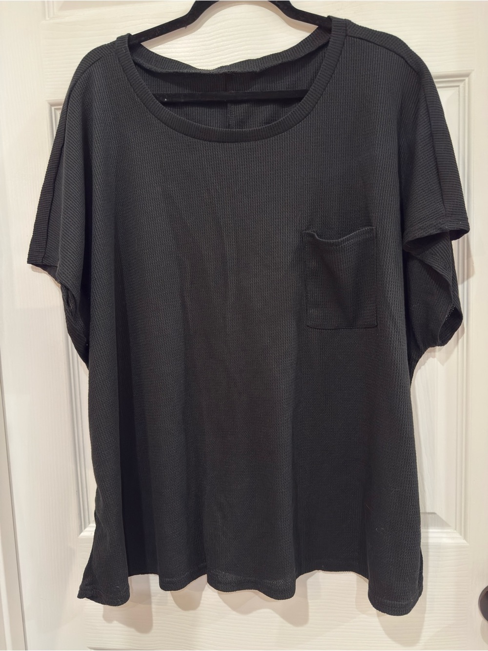 Black Waffle Knit Top with Chest Pocket